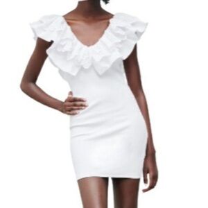 Zara White Cotton Summer Dress with Intricate Neckline